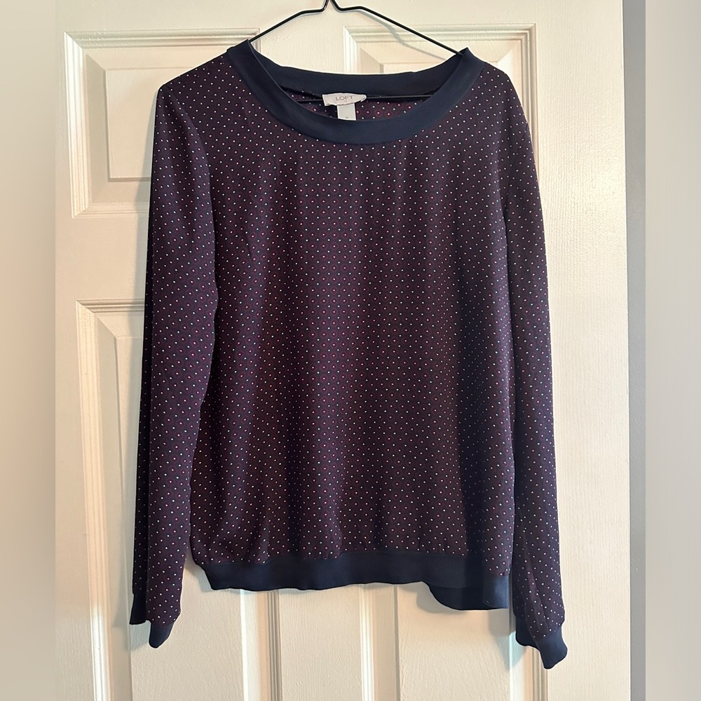 LOFT Ann Taylor Long Sleeve Blouse | Navy & Burgundy Polka Dot | Size M